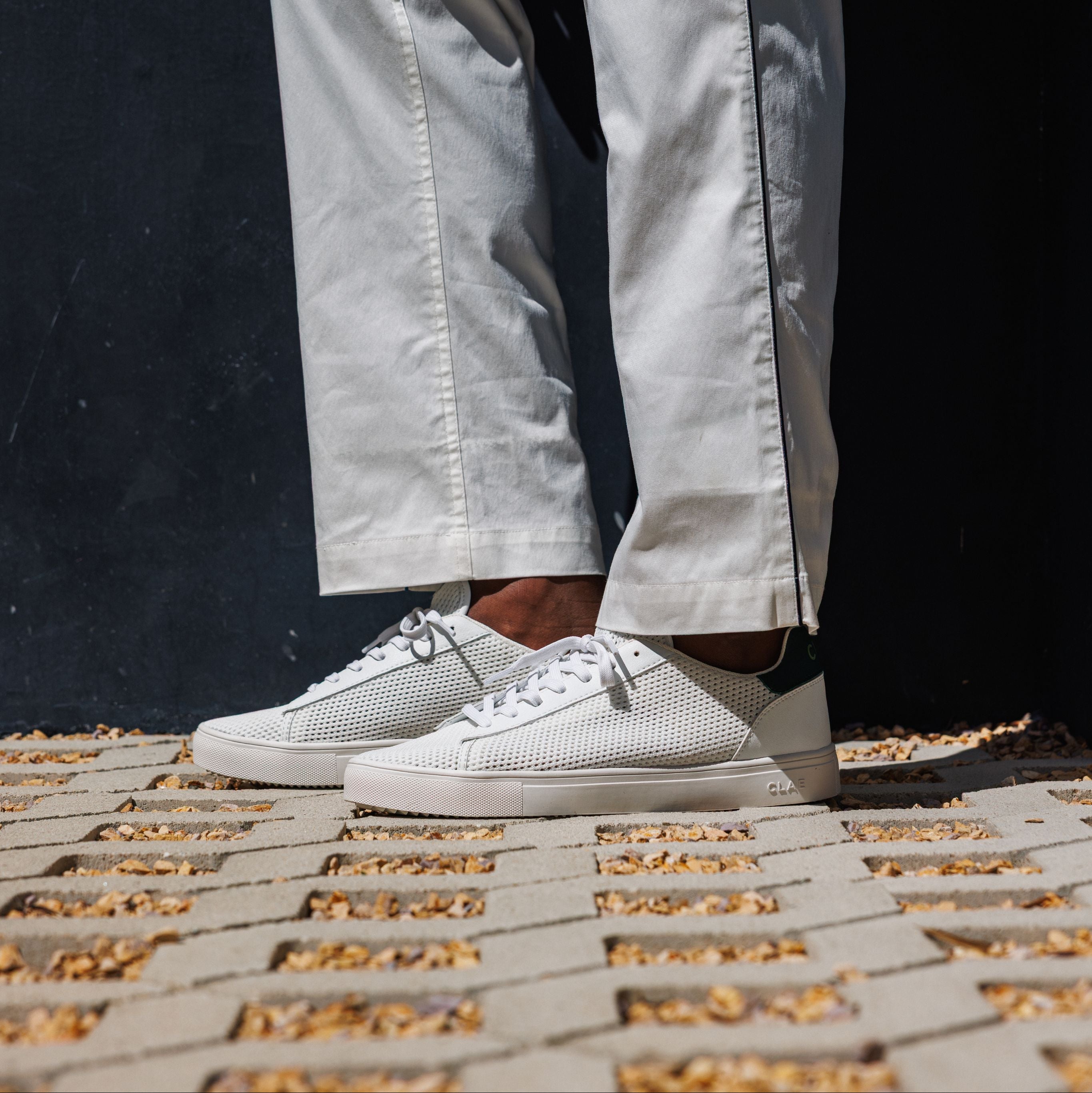 Bradley Knit shoe in White Pine Needle worn in casual lifestyle setting, highlighting comfort, breathability, and eco-friendly materials.