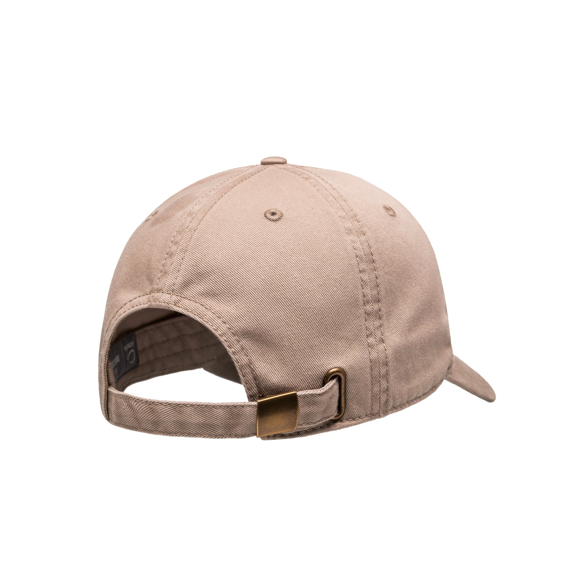 Adjustable CLAE Dad Hat in khaki with metal buckle closure – back view