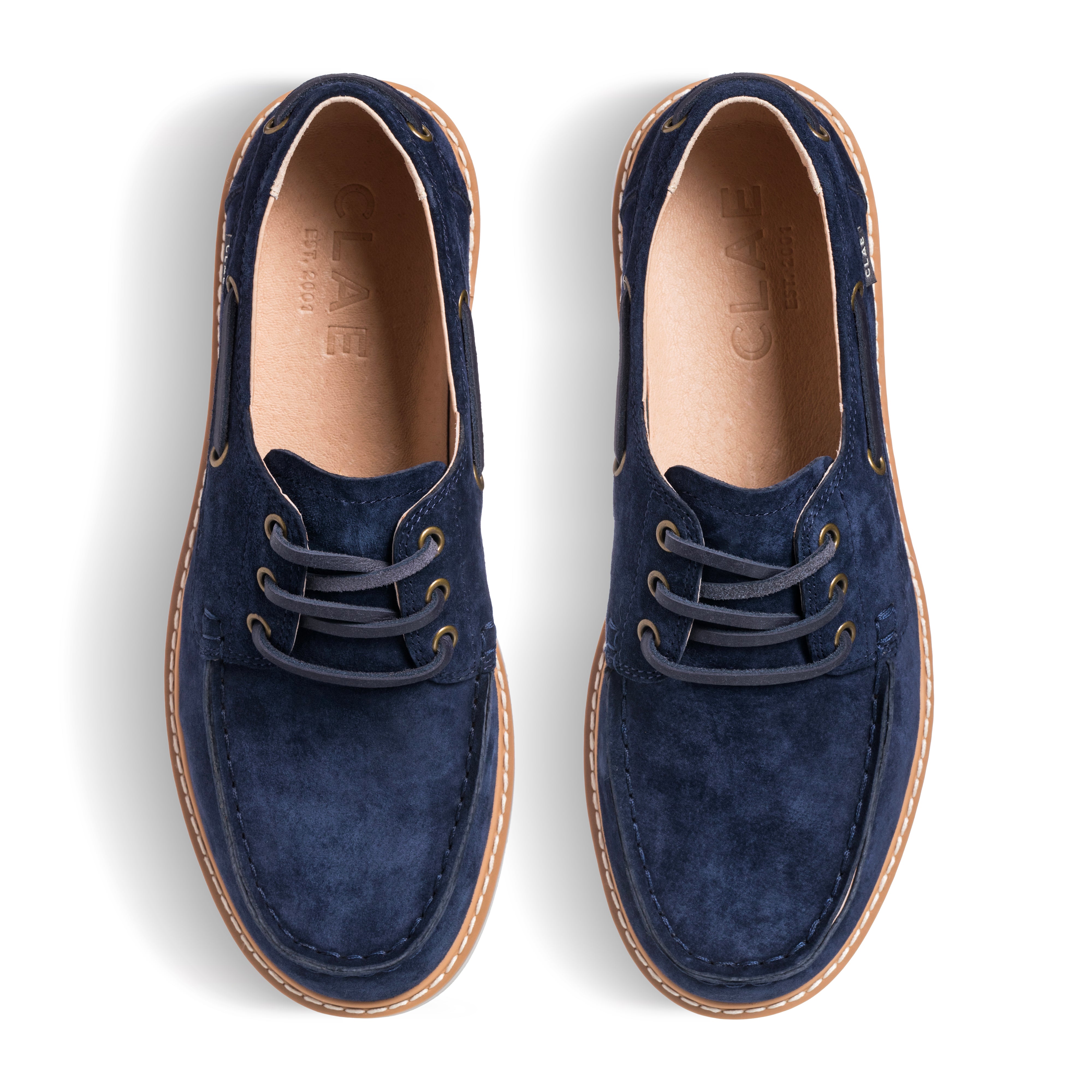 Top view of Carter Heritage Collection shoe, showing moc-toe details and laces in suede.