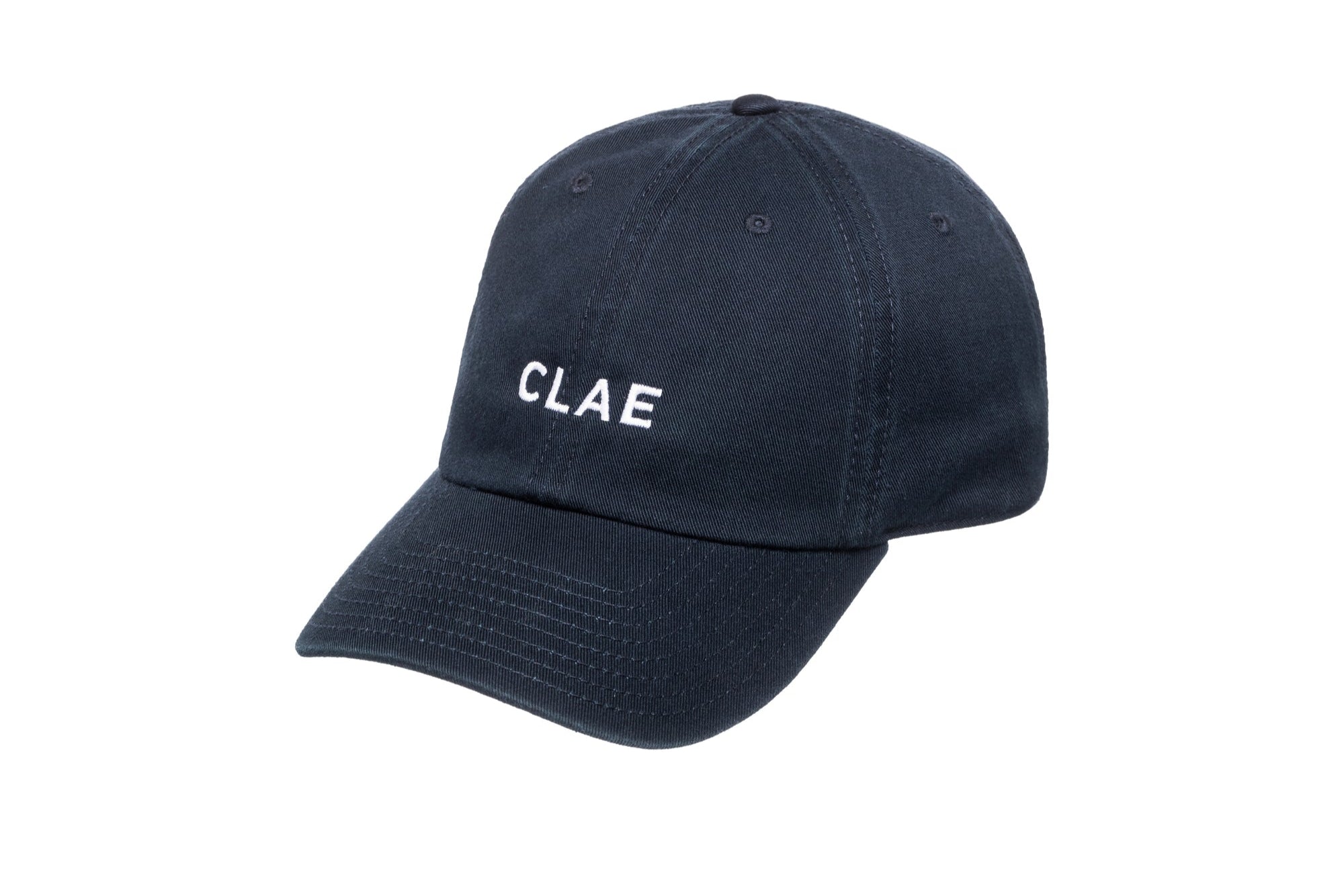 CLAE Dad Hat in navy with white embroidered logo – front view