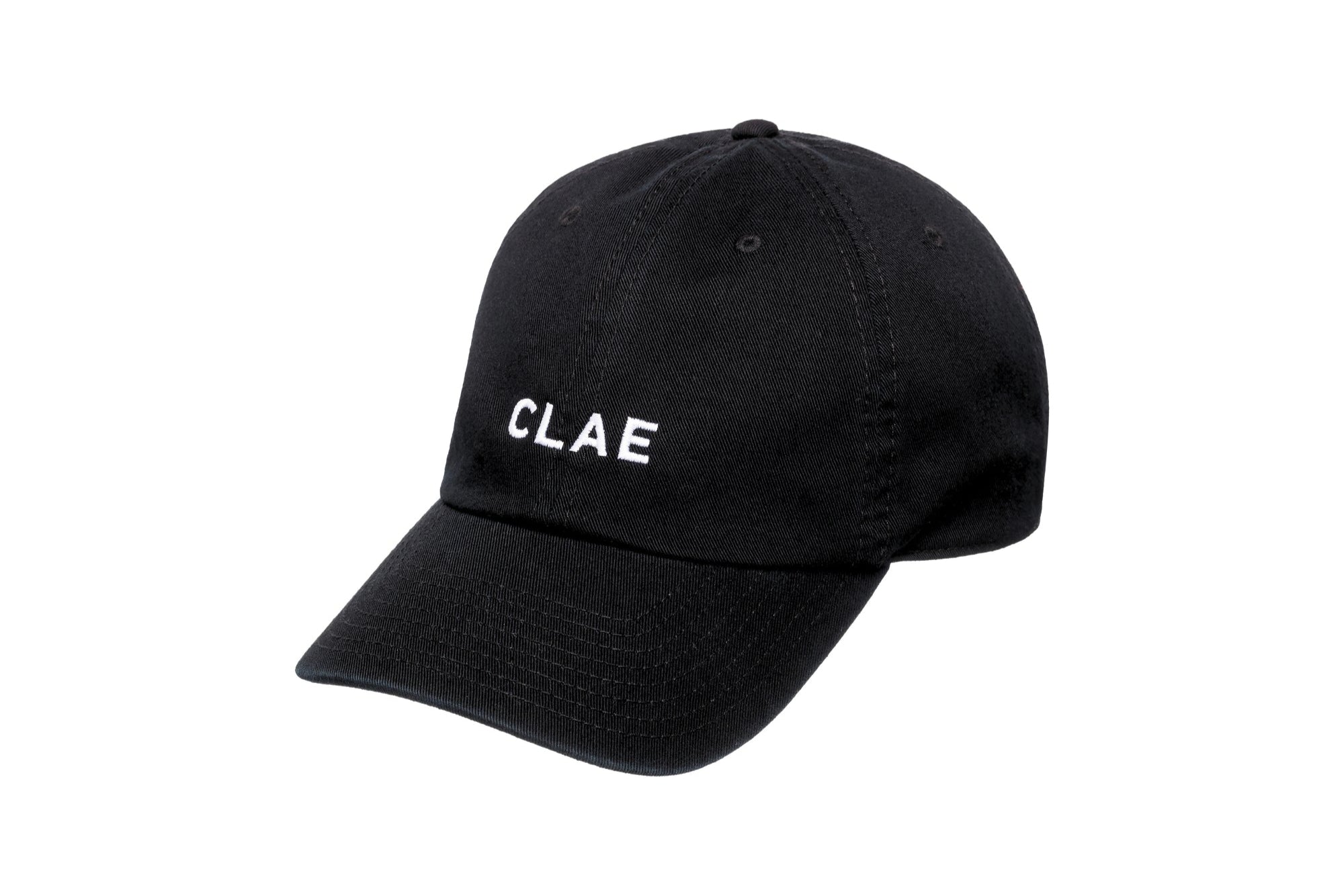 Unisex CLAE dad hat in black with white embroidered logo – front view