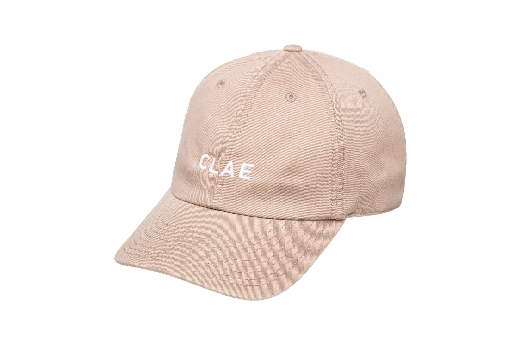 CLAE Dad Hat in khaki with white embroidered logo – front view