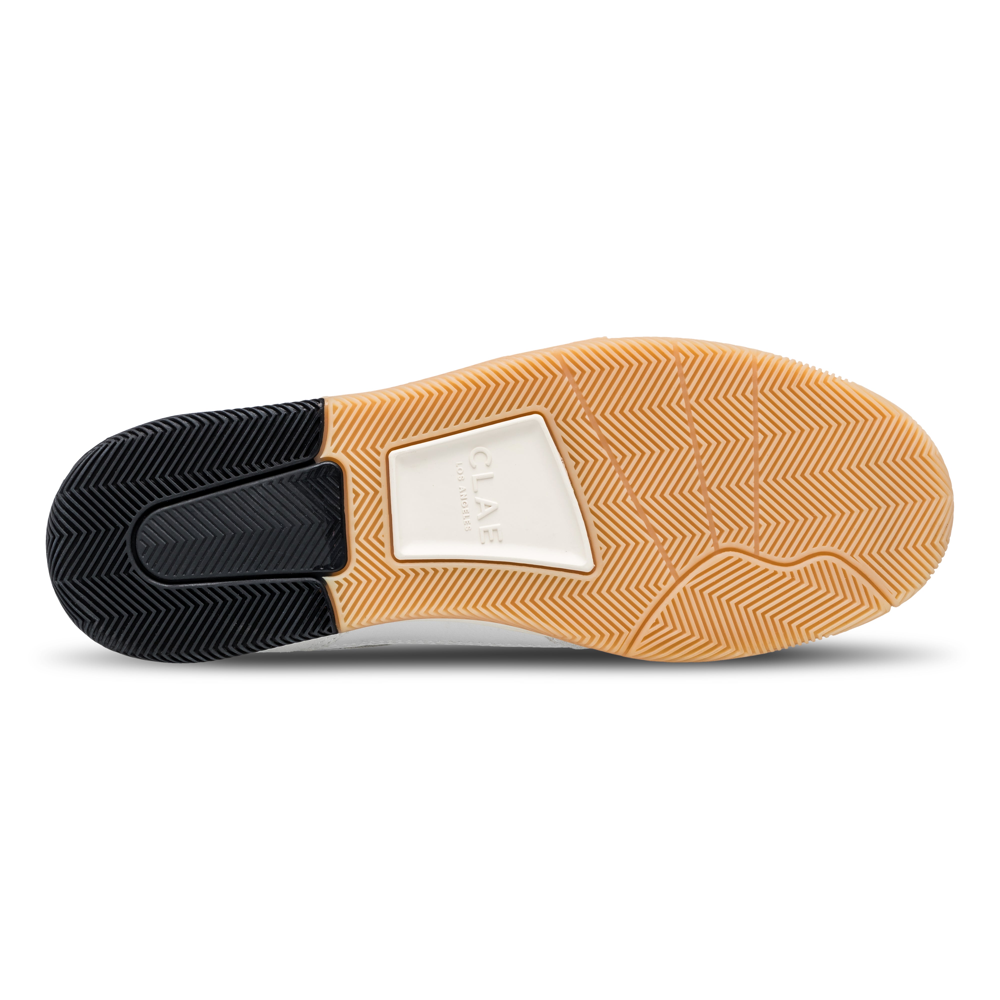 Haywood court shoe in White Feather Black with Premium Court (PC) outsole made of 30% natural rubber, sole view.