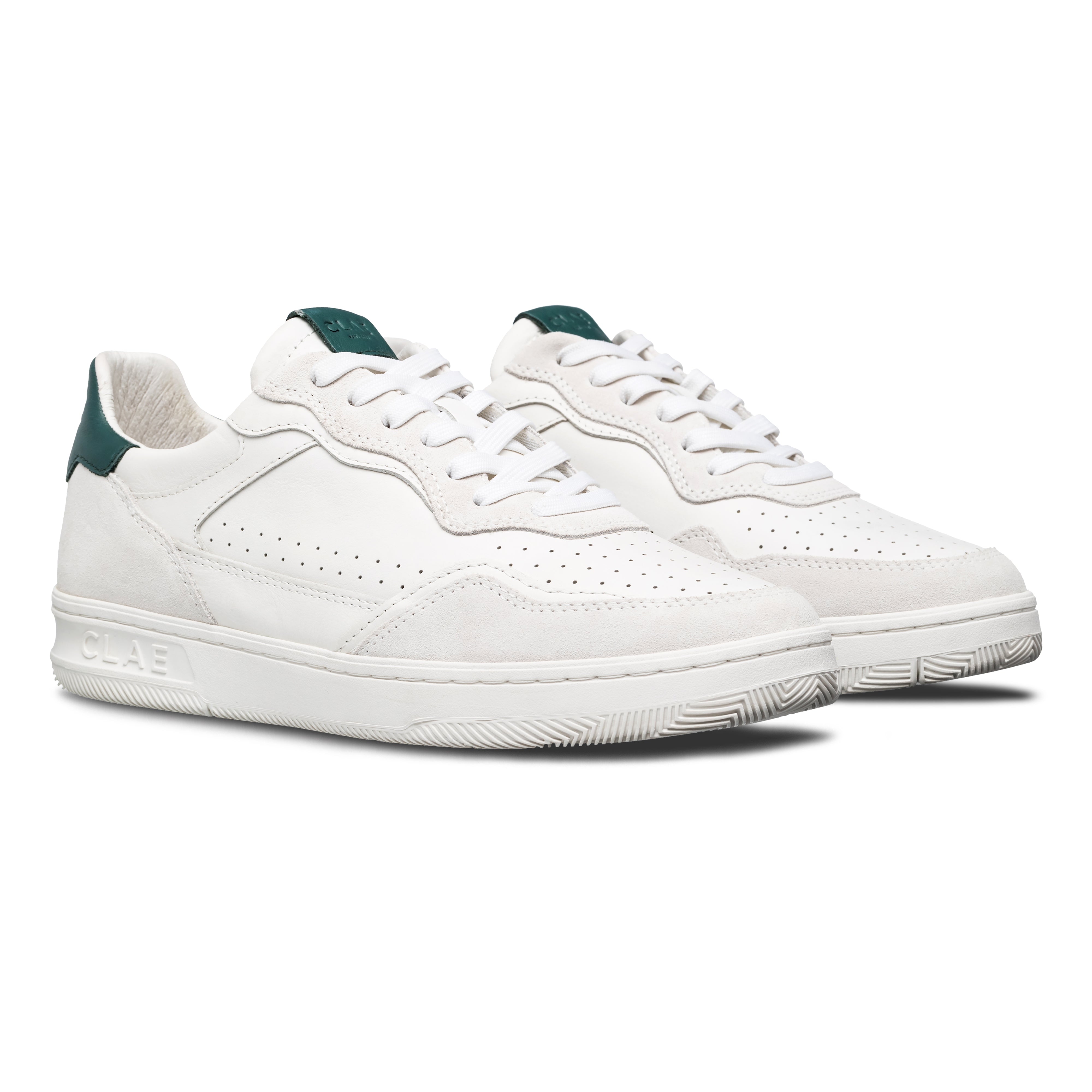 Three-quarter view of Haywood court shoe in White Pine Needle, highlighting all-leather construction and premium finish.