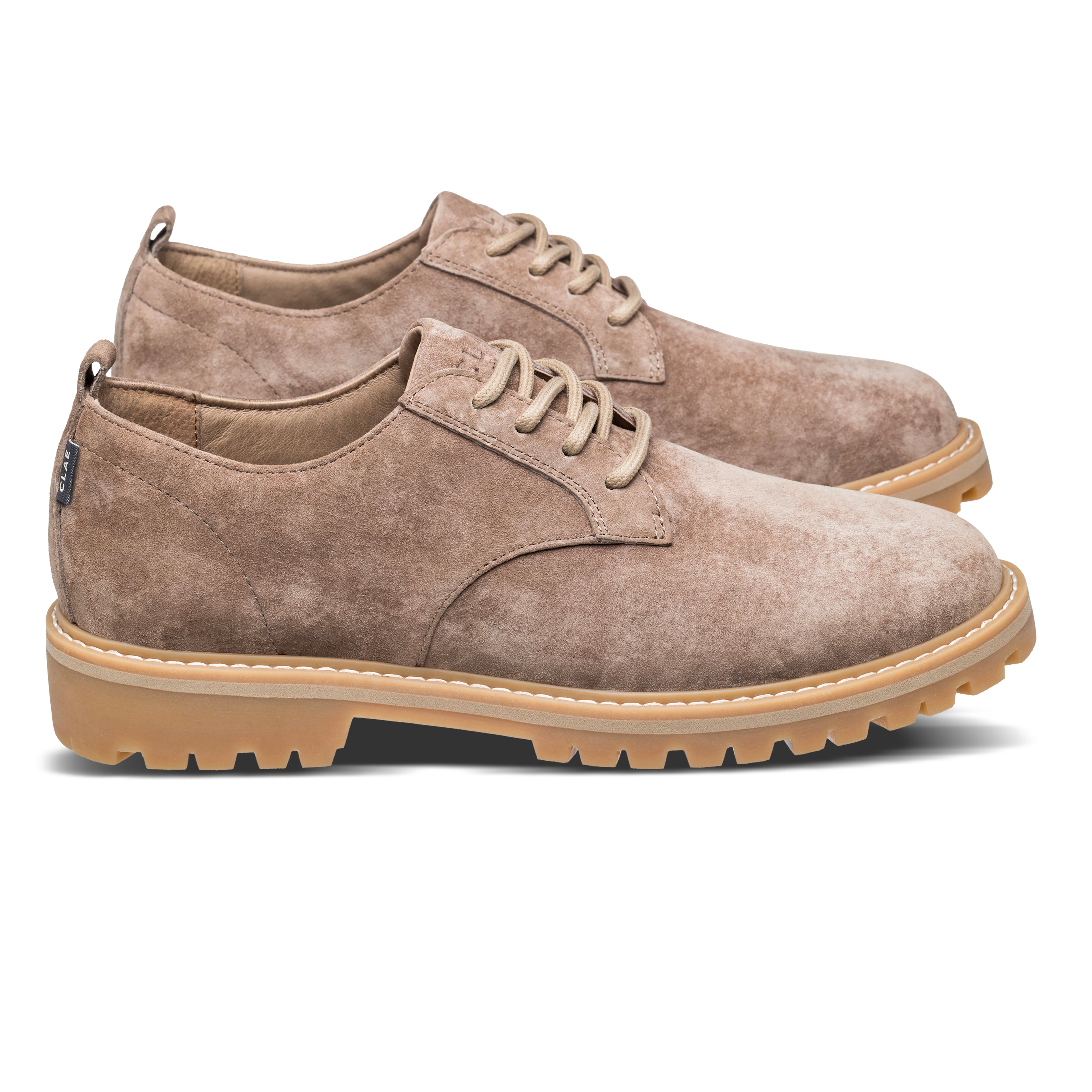 Logan Heritage Collection derby shoe in Silver Mink Suede, side view showing classic round-toe design and welt construction.