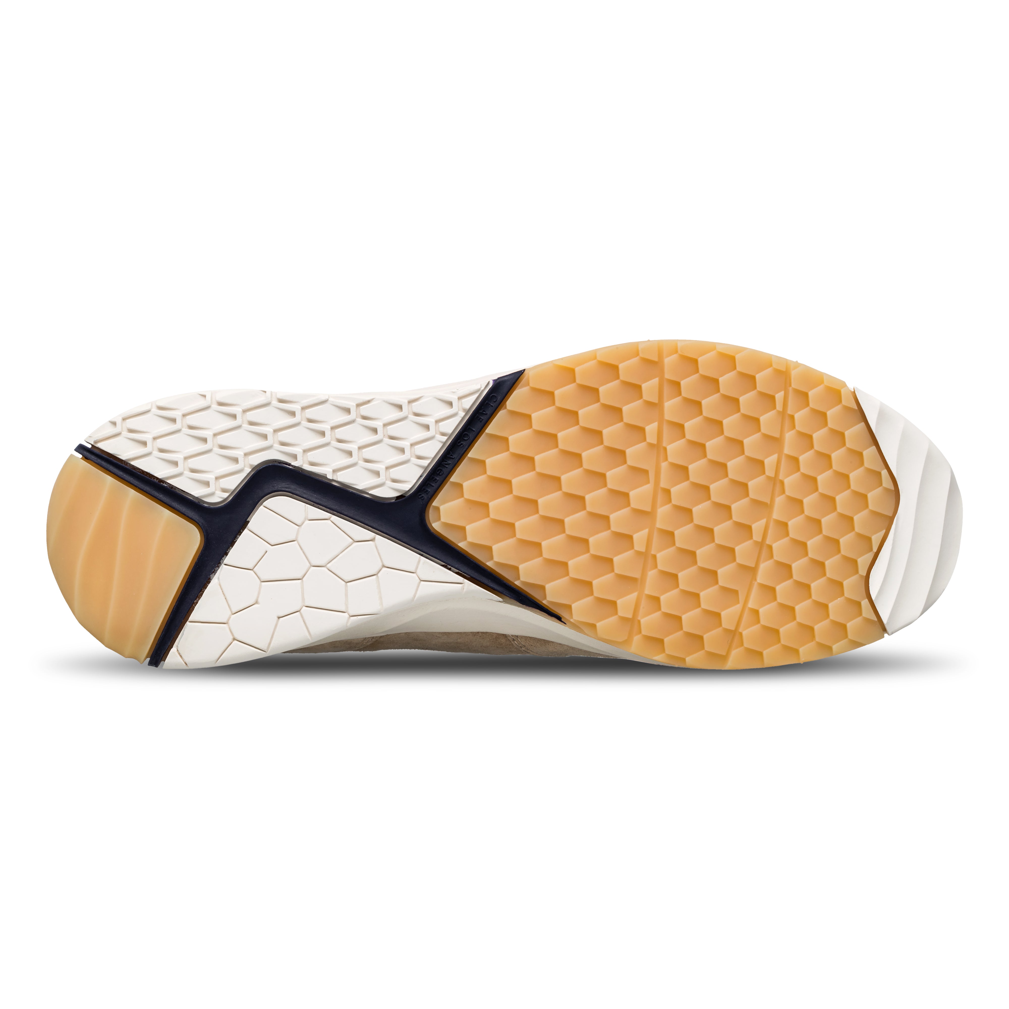 Zuma runner in Safari Doe Navy with Desert Track (DT) outsole featuring 3D natural design elements inspired by snake scales, dunes, and rocks, sole view.