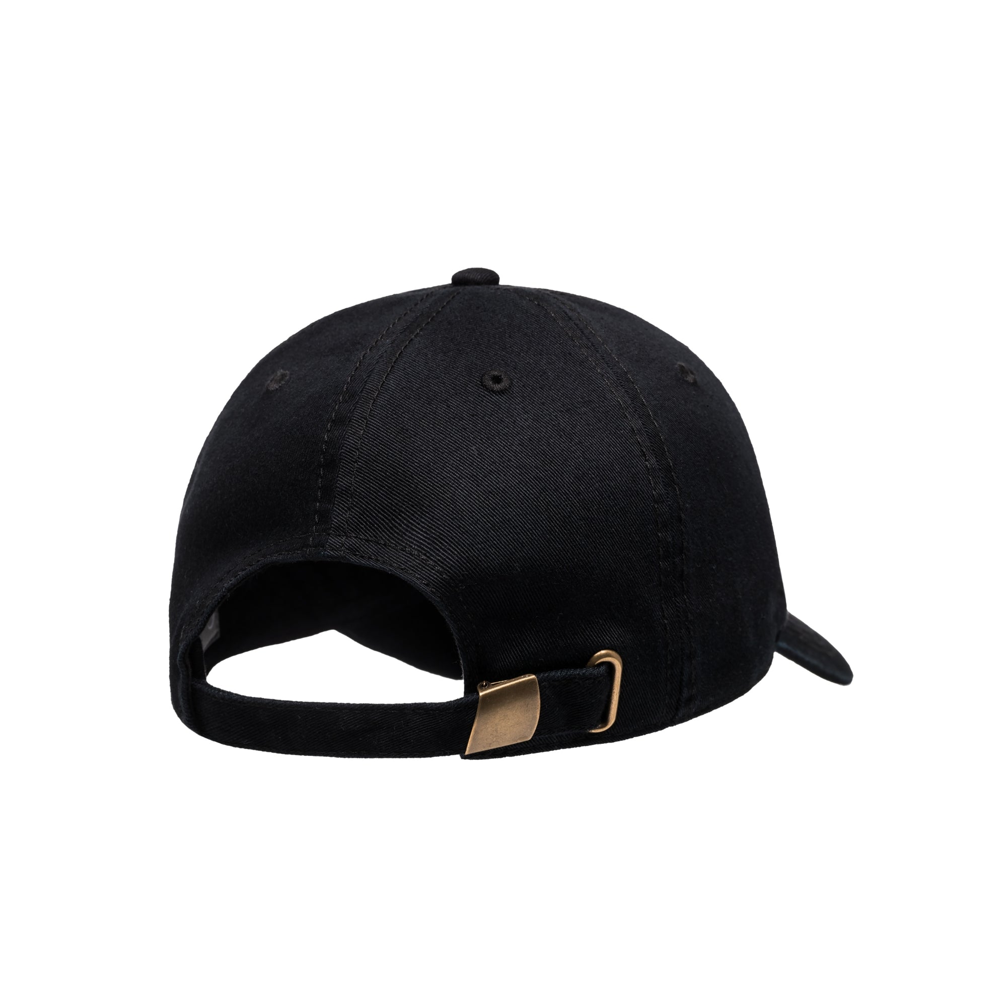 Adjustable dad hat in black with metal buckle closure – back view