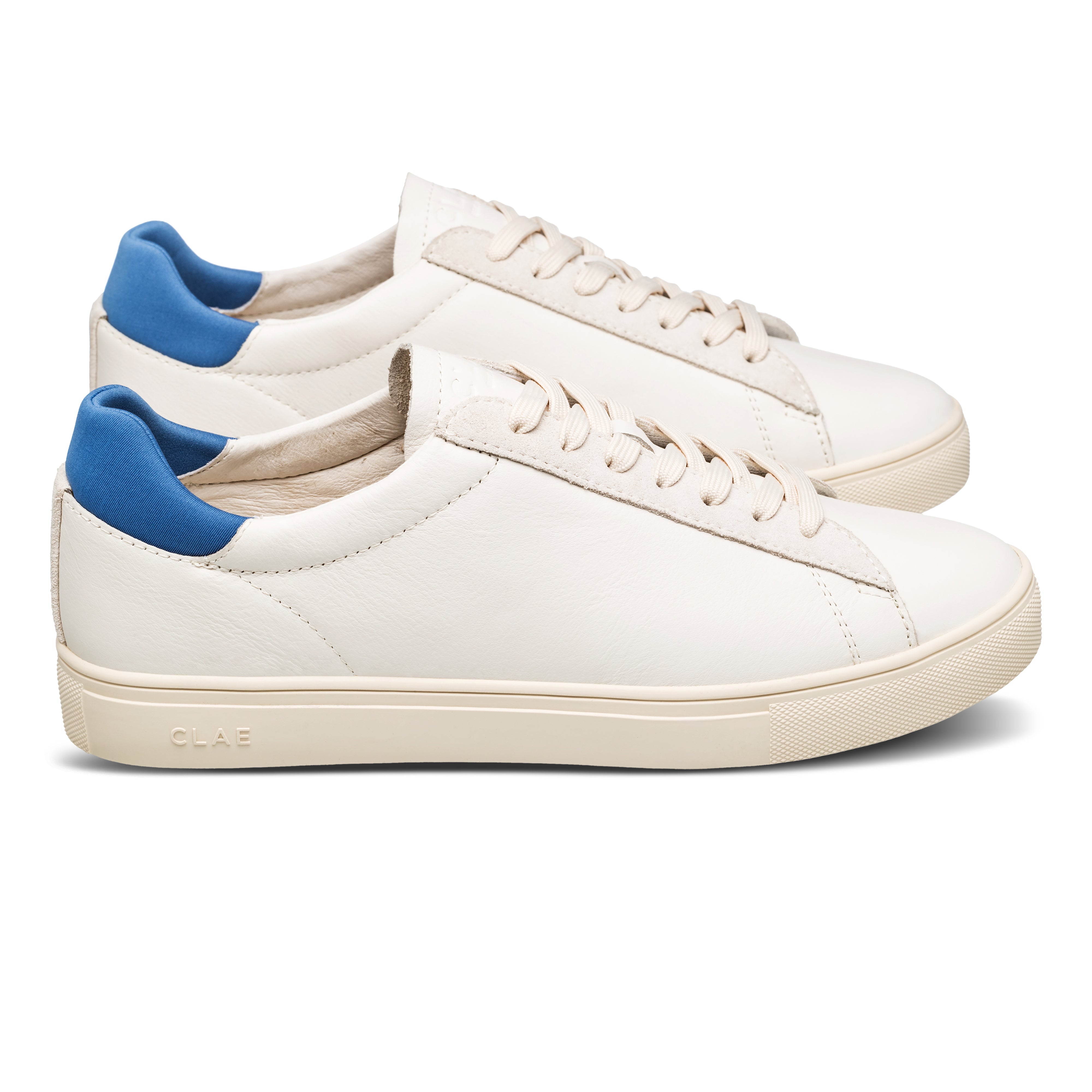 Bradley court shoe in White Pebble Blue, side view showing Italian leather, suede, and neoprene upper with classic silhouette.