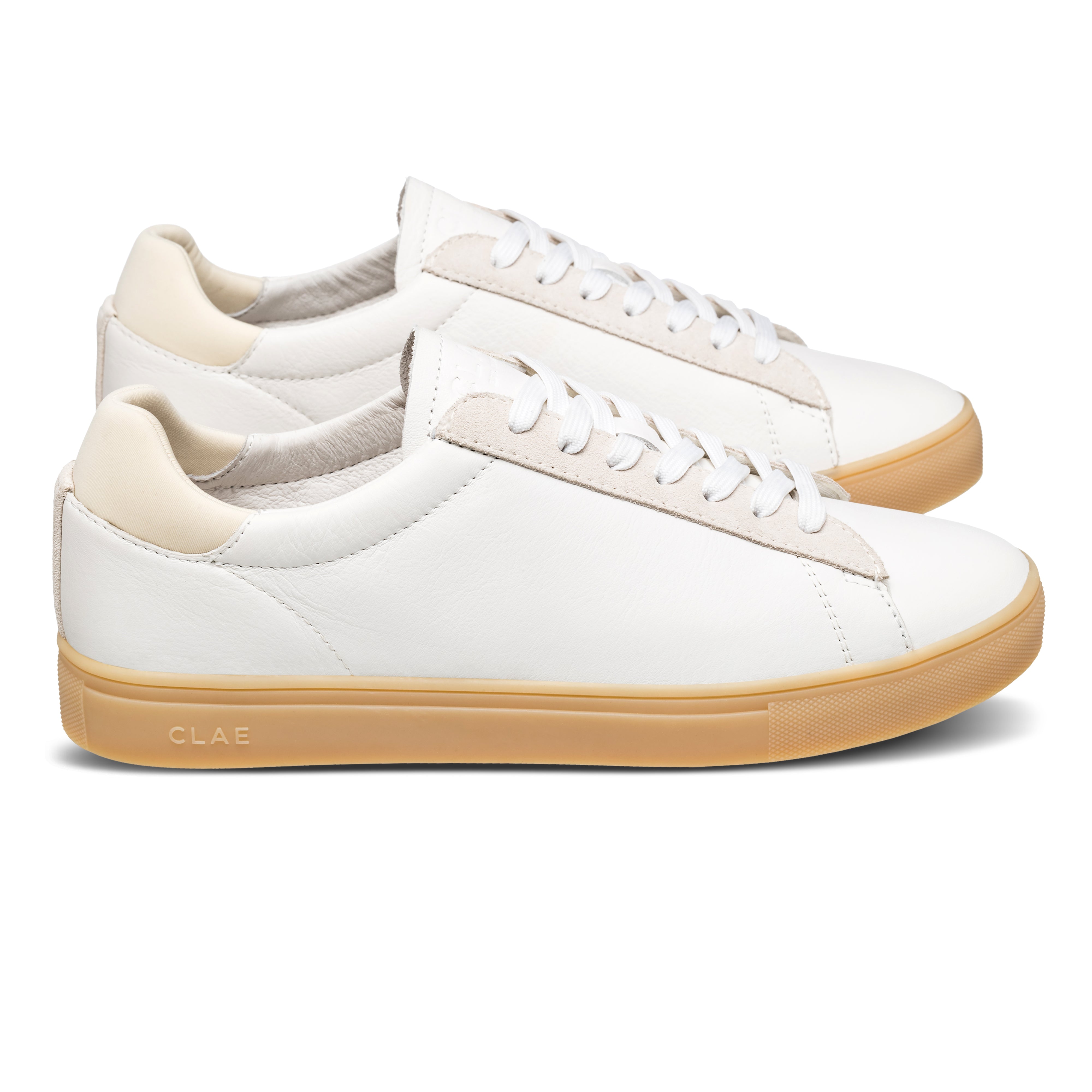 Bradley court shoe in White Off-White Light Nat Gum, side view showing Italian leather, suede, and neoprene upper with classic silhouette.