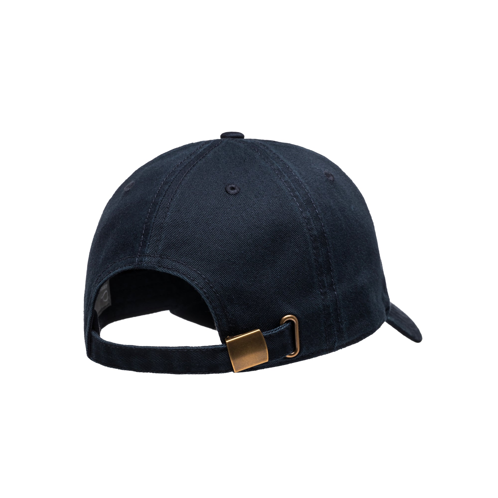 Adjustable CLAE Dad Hat in navy with metal buckle closure – back view