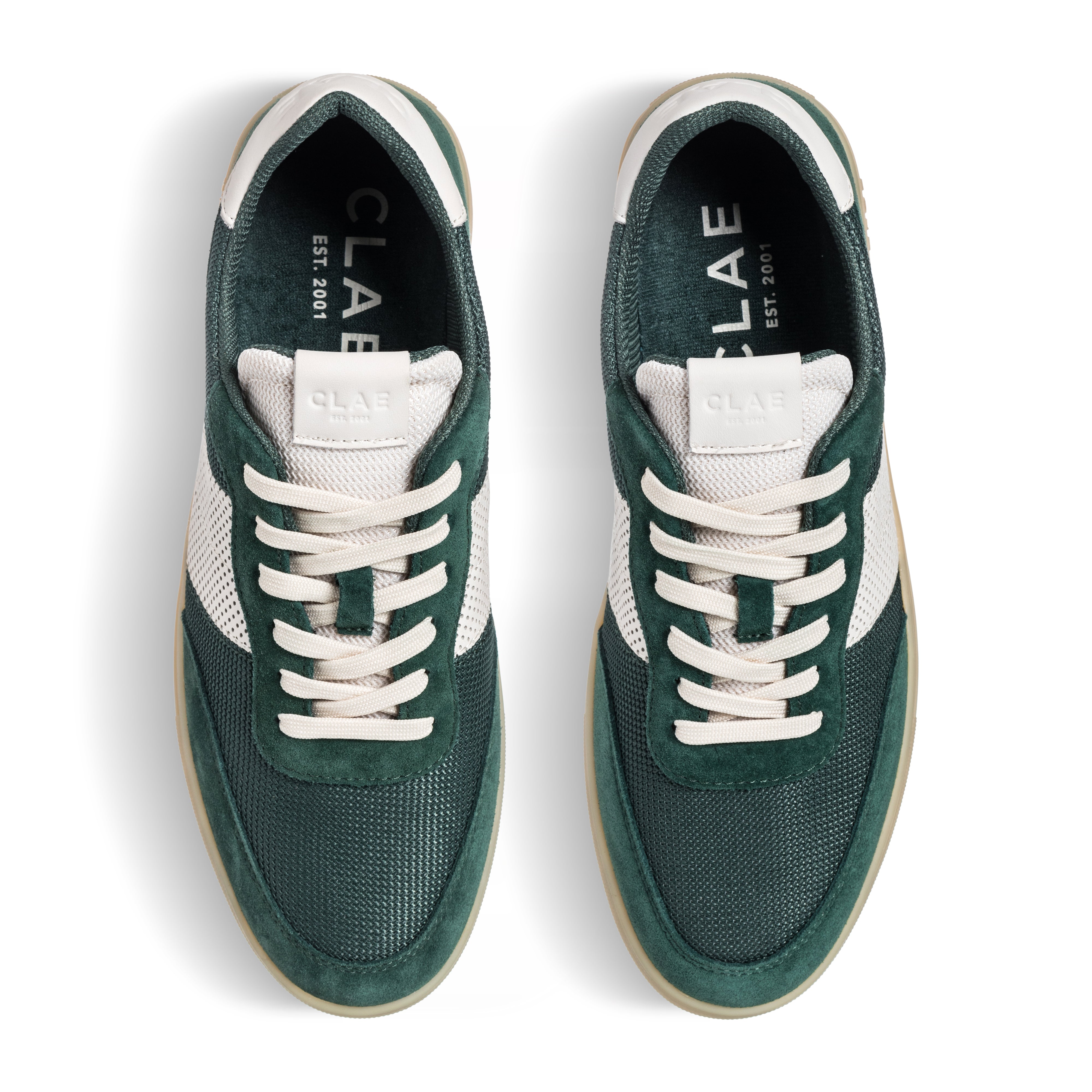 Top view of Davis court shoe in Pine Needle Off-White, showing Italian leather, suede, and recycled poly upper with intricate detailing.