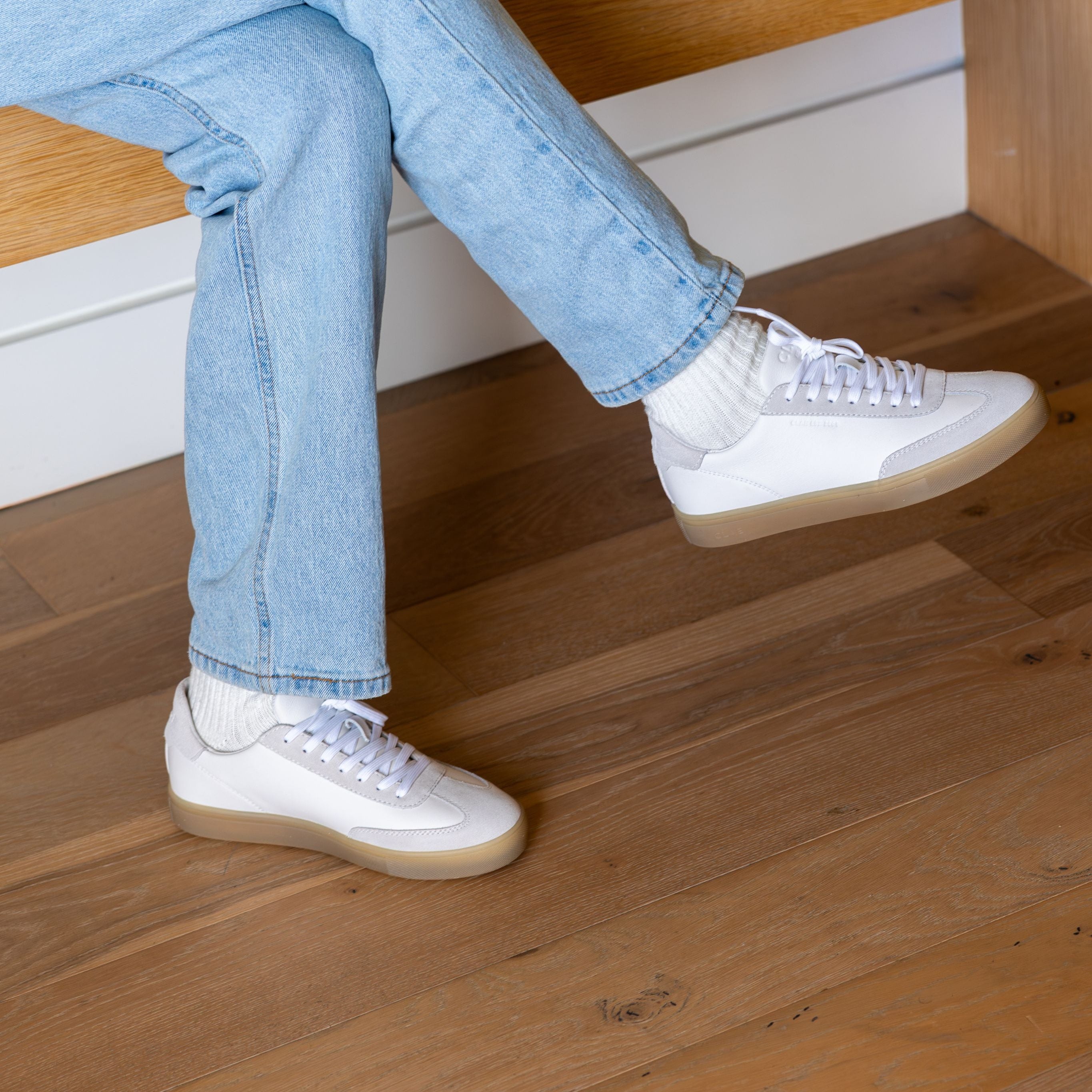 Deane court shoe in White Silver Mink Clear worn in casual lifestyle setting, highlighting comfort, durability, and premium materials.
