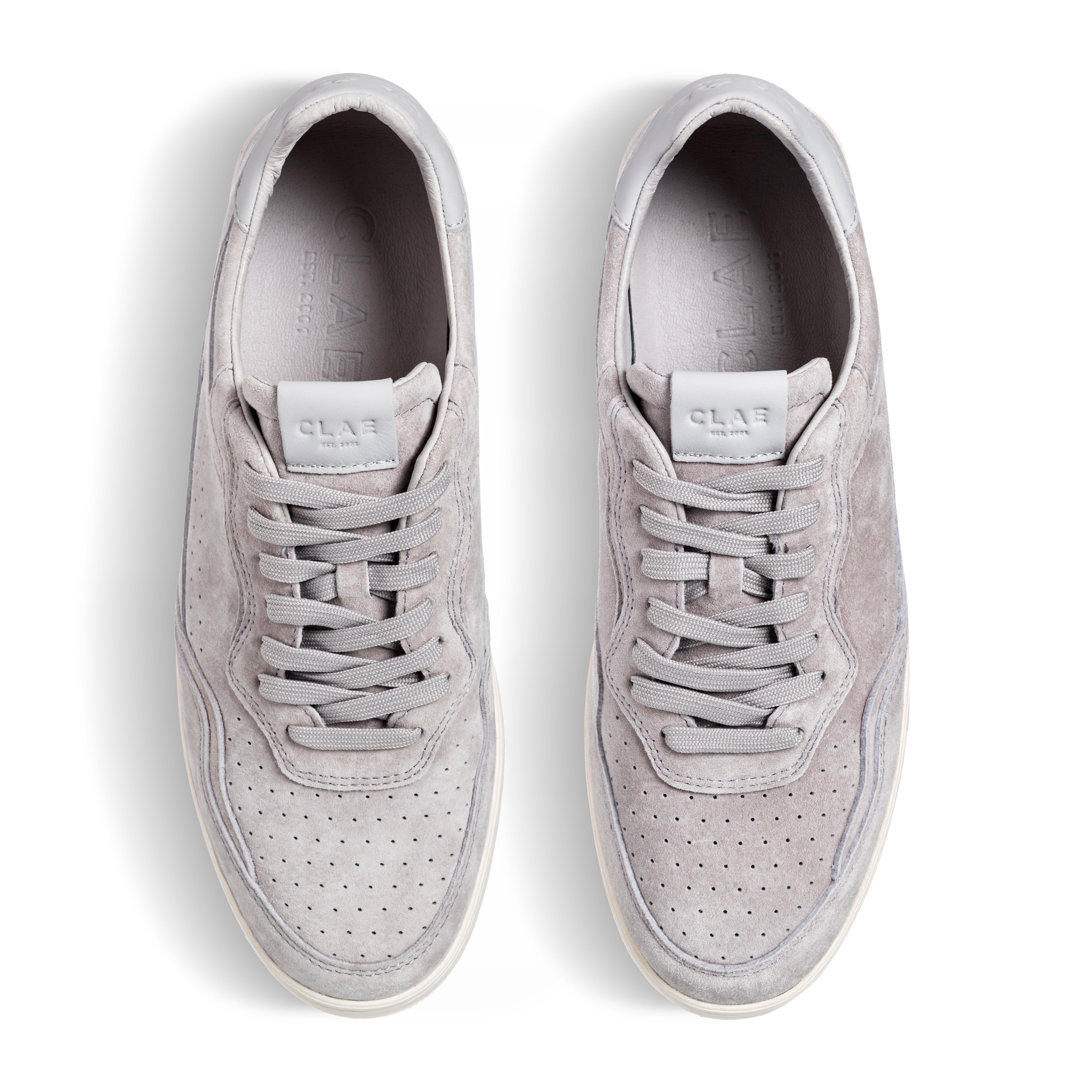 Top view of Haywood court shoe in Quiet Gray Suede, showing suede and Italian leather upper with intricate detailing.