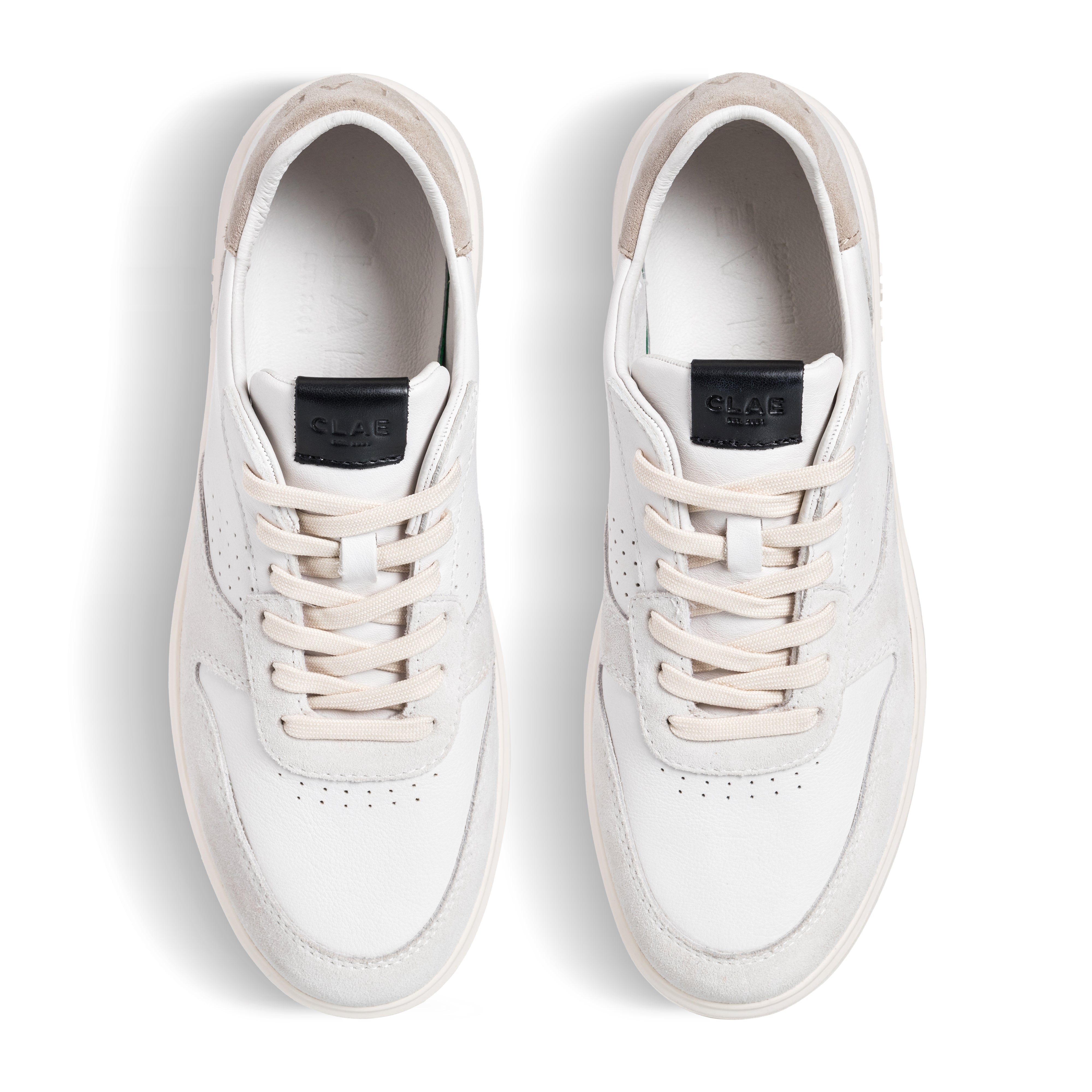 Top view of Moses sneaker in White Feather Black, showing Italian leather, suede, and recycled mesh upper with sleek court-style design.