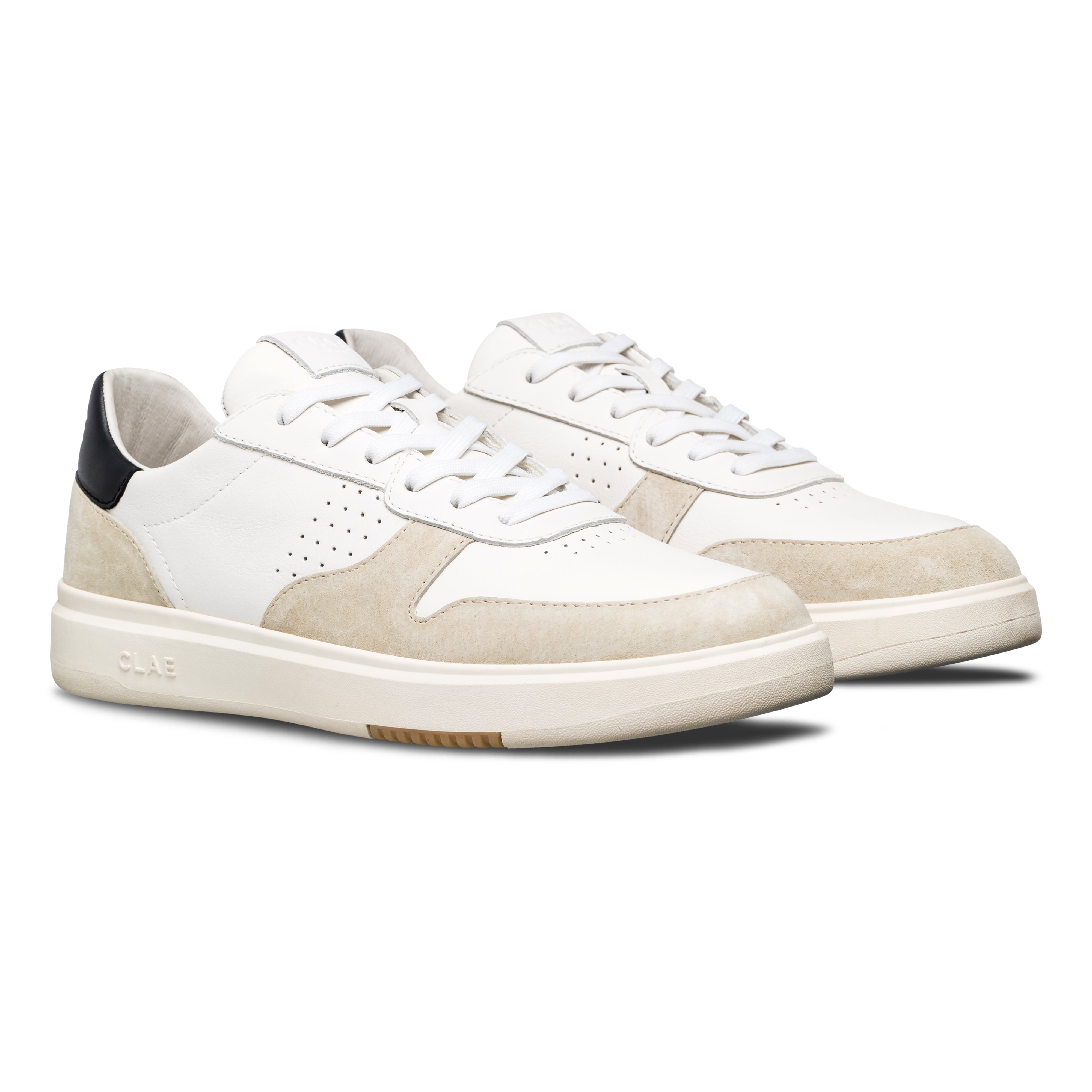 Three-quarter view of Moses sneaker in White Wood Ash Black, highlighting premium materials and All Court (AC) outsole construction.