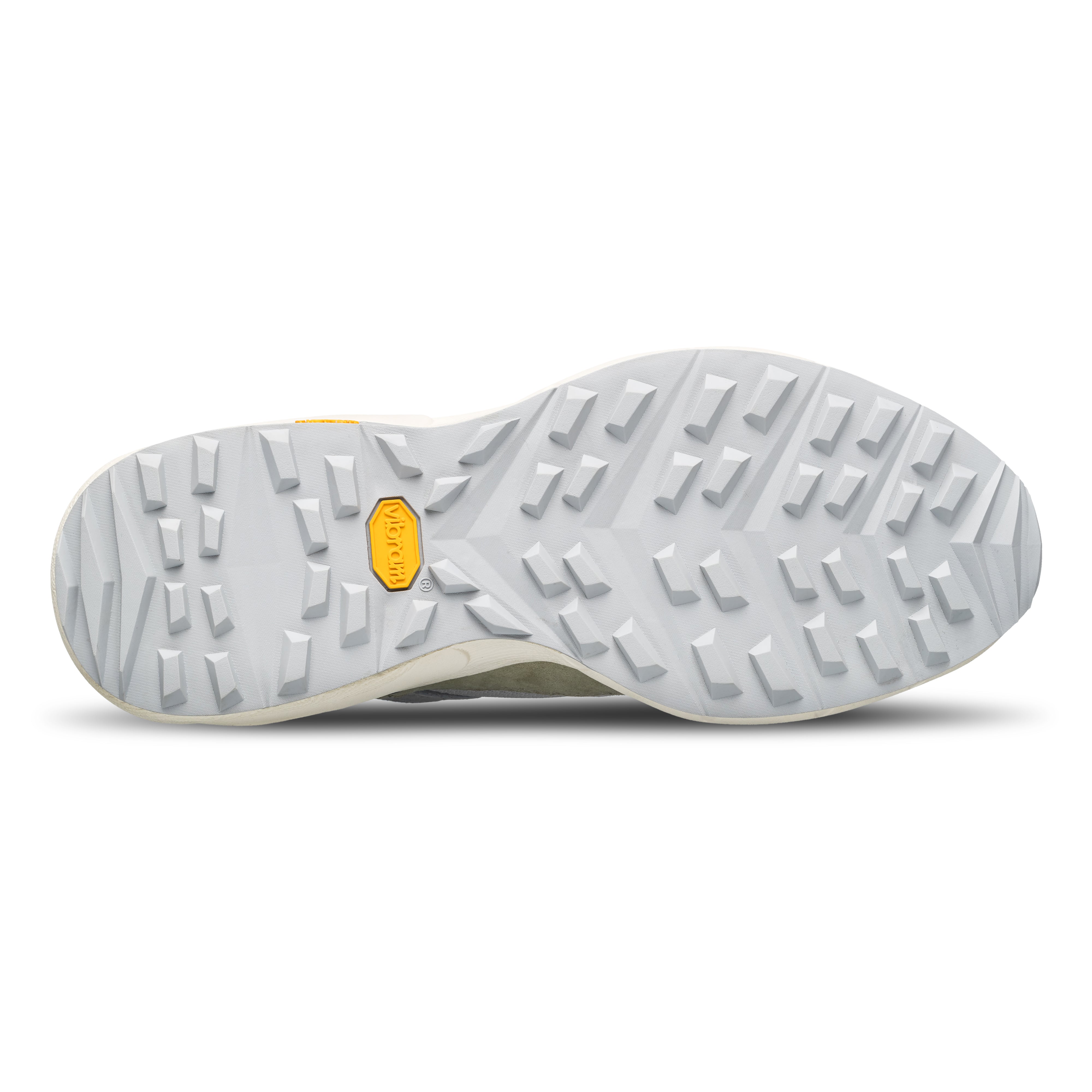 Salazar runner in Quiet Gray Tea with VIBRAM outsole designed for comfort, traction, and durability, sole view.