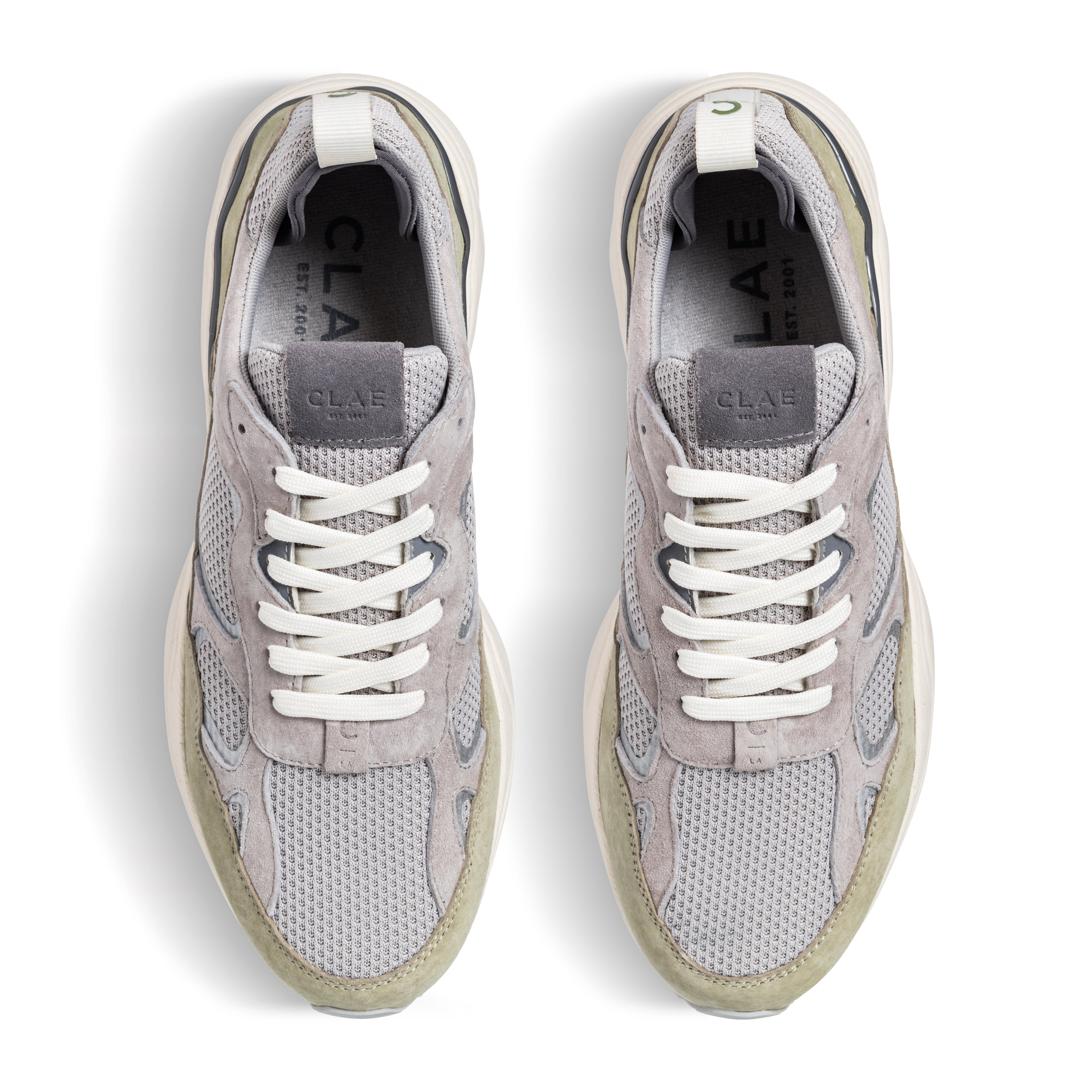 Top view of Salazar runner in Quiet Gray Tea, showing suede and recycled mesh upper with precise lace details.